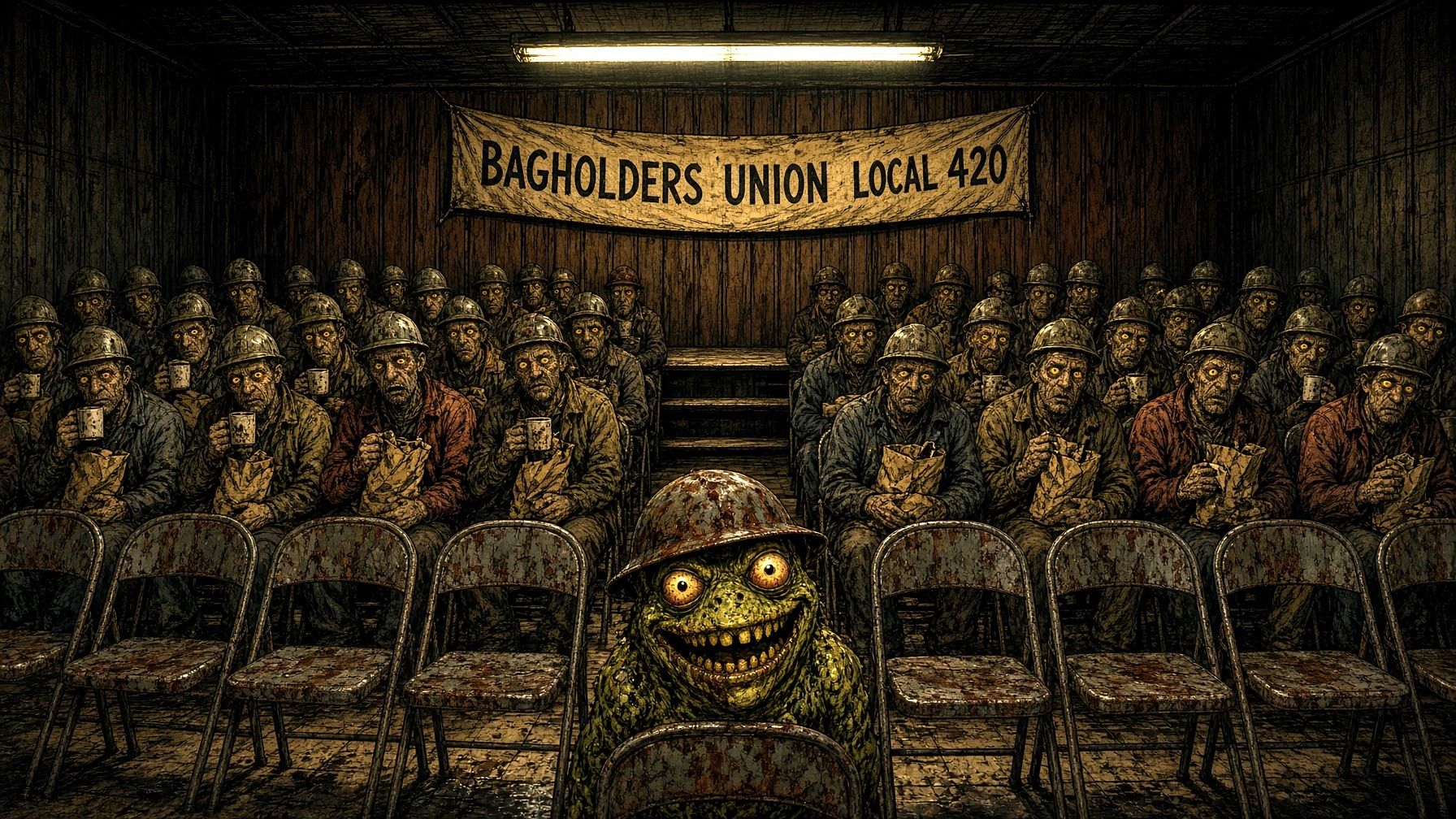A dim union hall, rows of tired workers in hard hats holding paper bags, a banner reading Bagholders Union Local 420